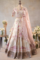 Cream Designer Floral Work Lehenga with Beaded and Mirror Work