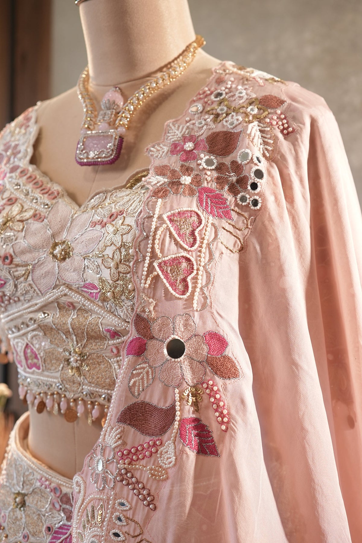 Cream Designer Floral Work Lehenga with Beaded and Mirror Work