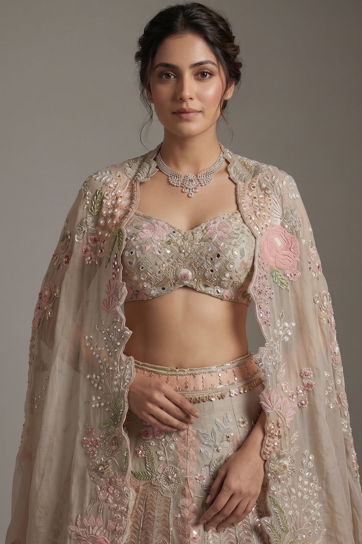 Grey Silk Designer Cutdana Beaded and Mirror Work Crop Top Lehenga with Jacket