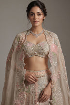 Grey Silk Designer Cutdana Beaded and Mirror Work Crop Top Lehenga with Jacket