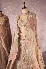 Grey Silk Designer Cutdana Beaded and Mirror Work Crop Top Lehenga with Jacket