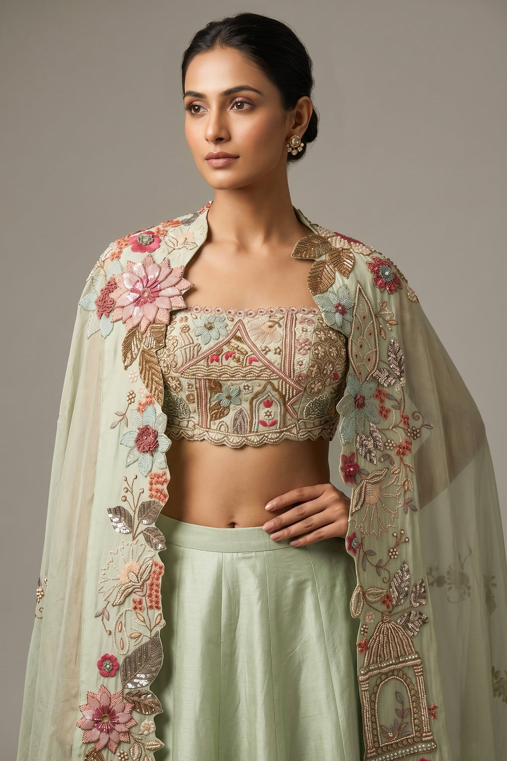 Pista Green Silk Woven Crop Top Lehenga with Handoworked Jacket