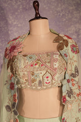 Pista Green Silk Woven Crop Top Lehenga with Handoworked Jacket