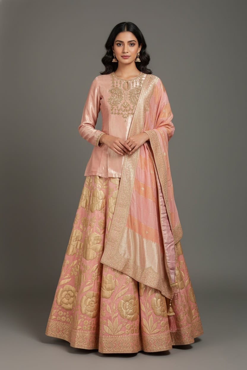Light Pink Tissue Zardosi Worked Lehenga with Long Top