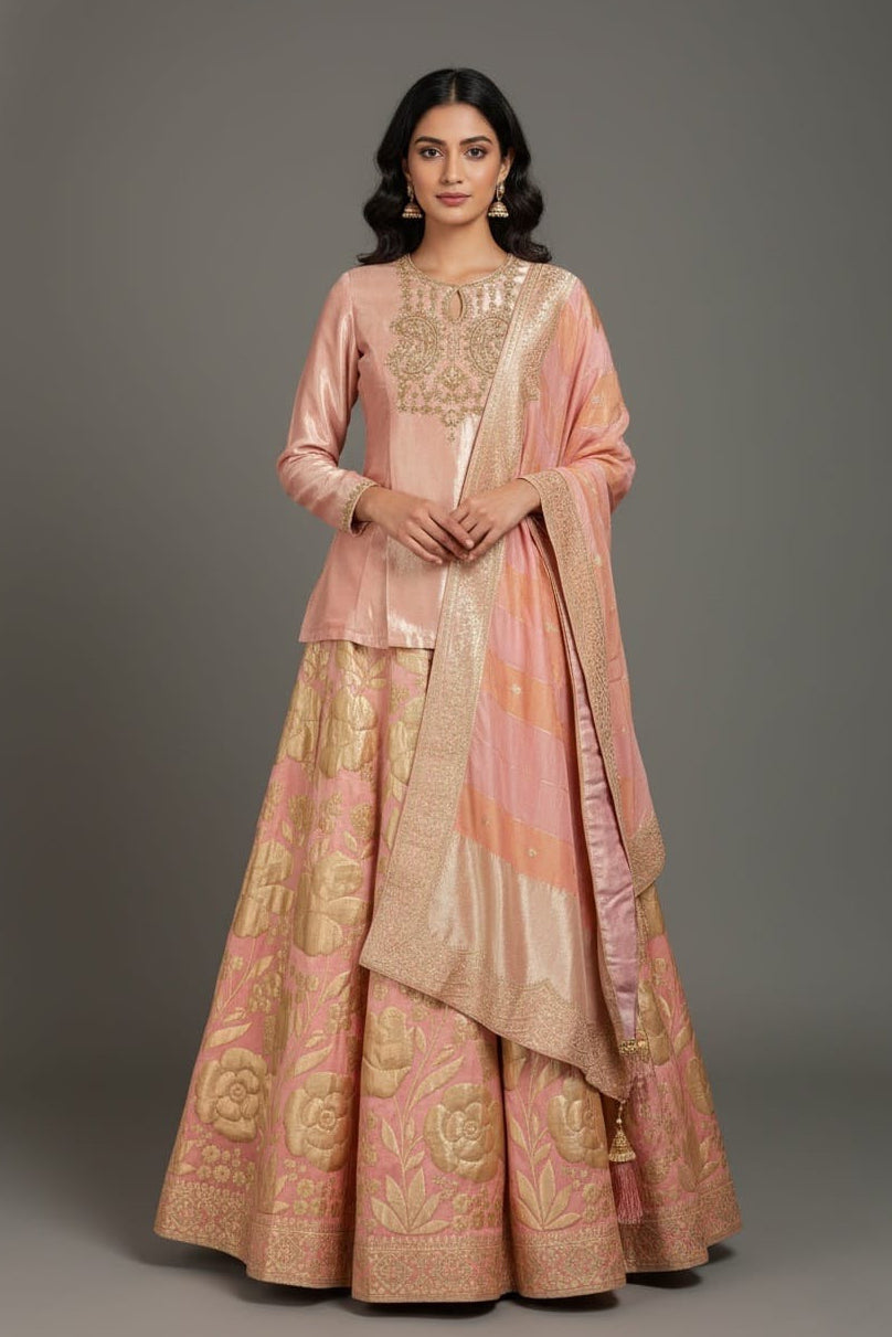 Light Pink Tissue Zardosi Worked Lehenga with Long Top