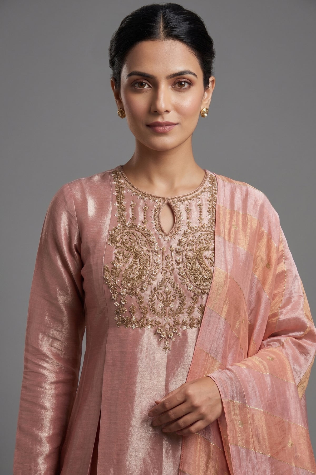 Light Pink Tissue Zardosi Worked Lehenga with Long Top