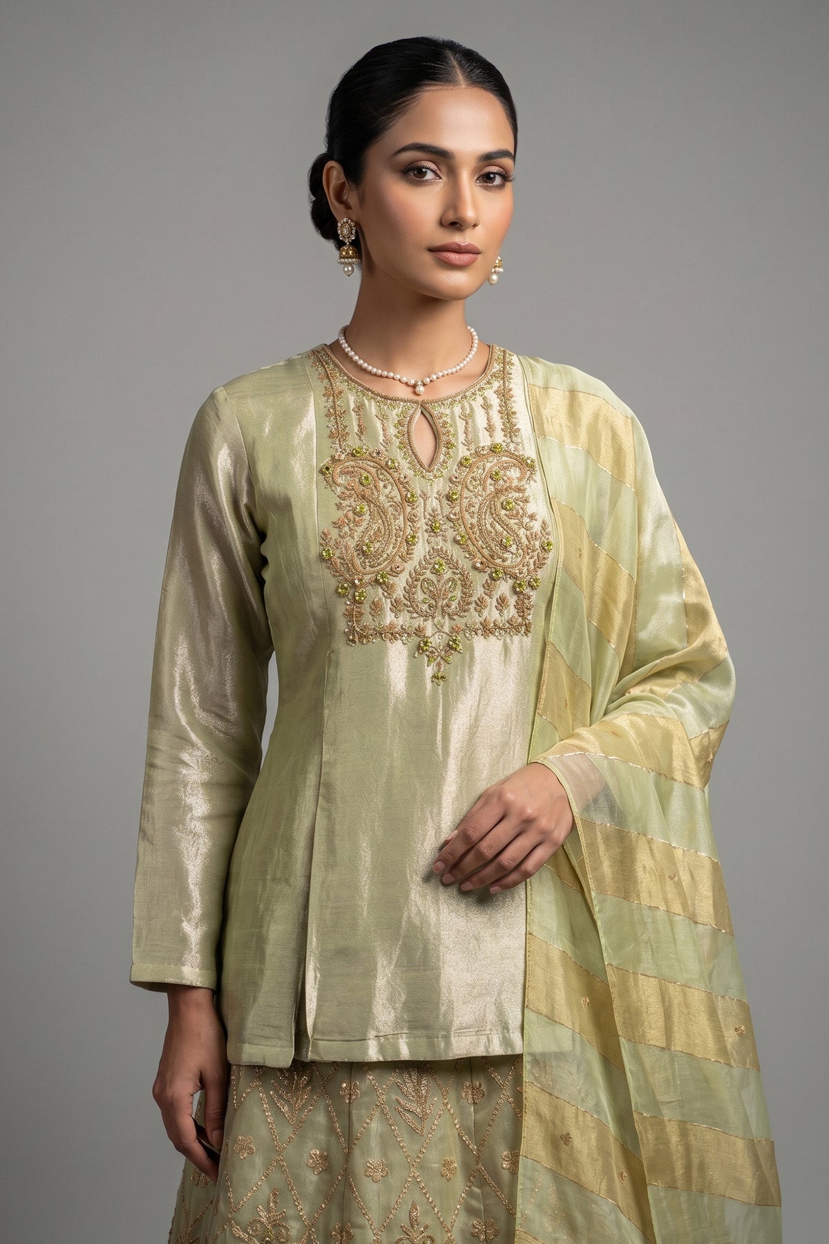 Light Pista Green Tissue Lehenga with Zardosi Worked Long Top