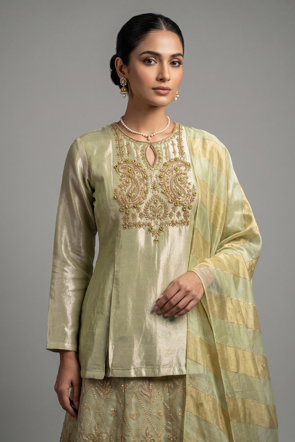 Light Pista Green Tissue Lehenga with Zardosi Worked Long Top
