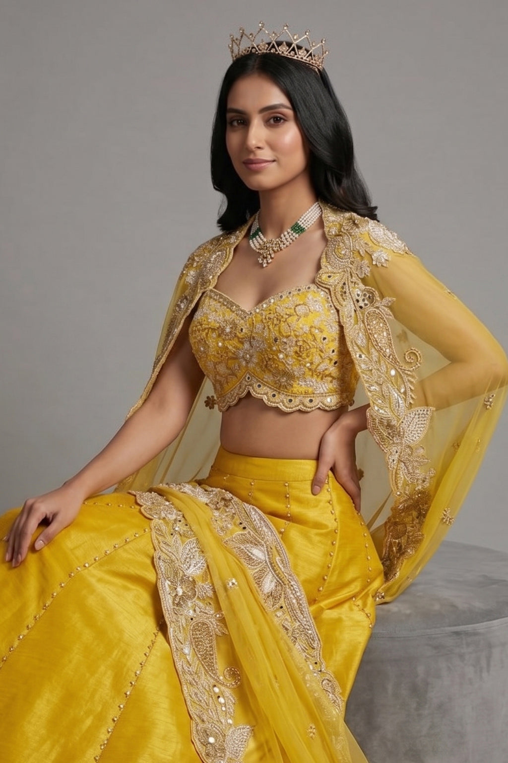 Yellow Raw Silk Beaded Crop Top Lehenga with Shrug