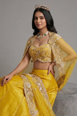 Yellow Raw Silk Beaded Crop Top Lehenga with Shrug