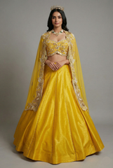 Yellow Raw Silk Beaded Crop Top Lehenga with Shrug