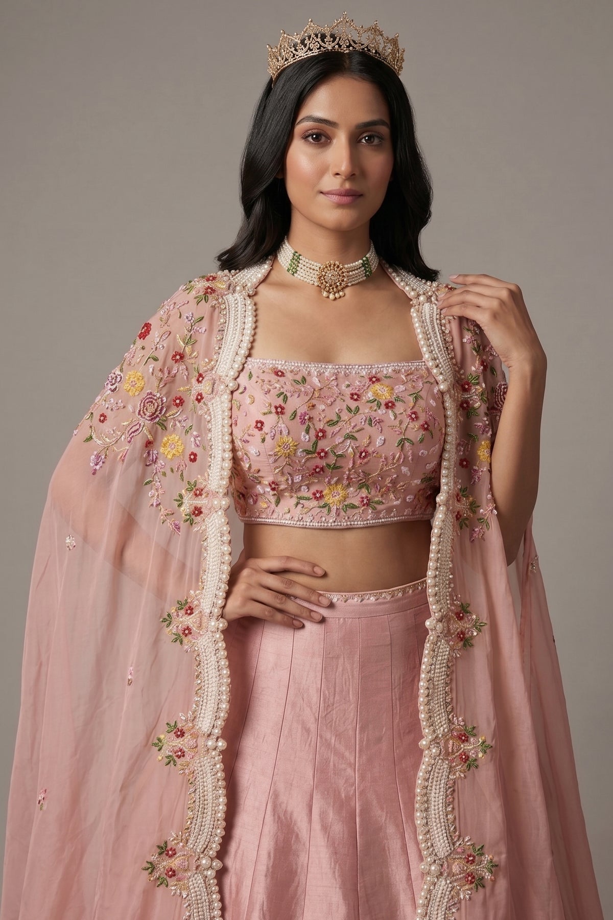 Dusty Pink Raw Silk Beaded Crop Top Lehenga with Shrug
