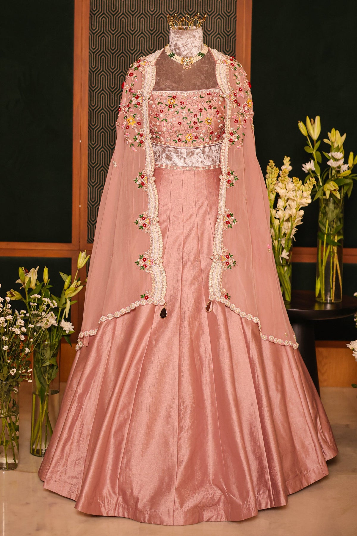 Dusty Pink Raw Silk Beaded Crop Top Lehenga with Shrug