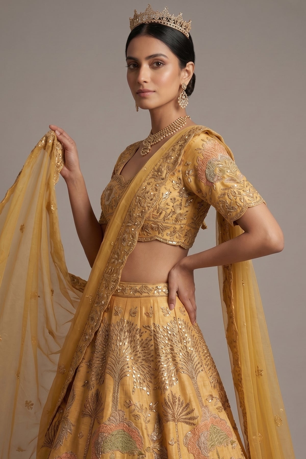 Golden Embellished Silk Sequin and Embroidered Work Lehenga