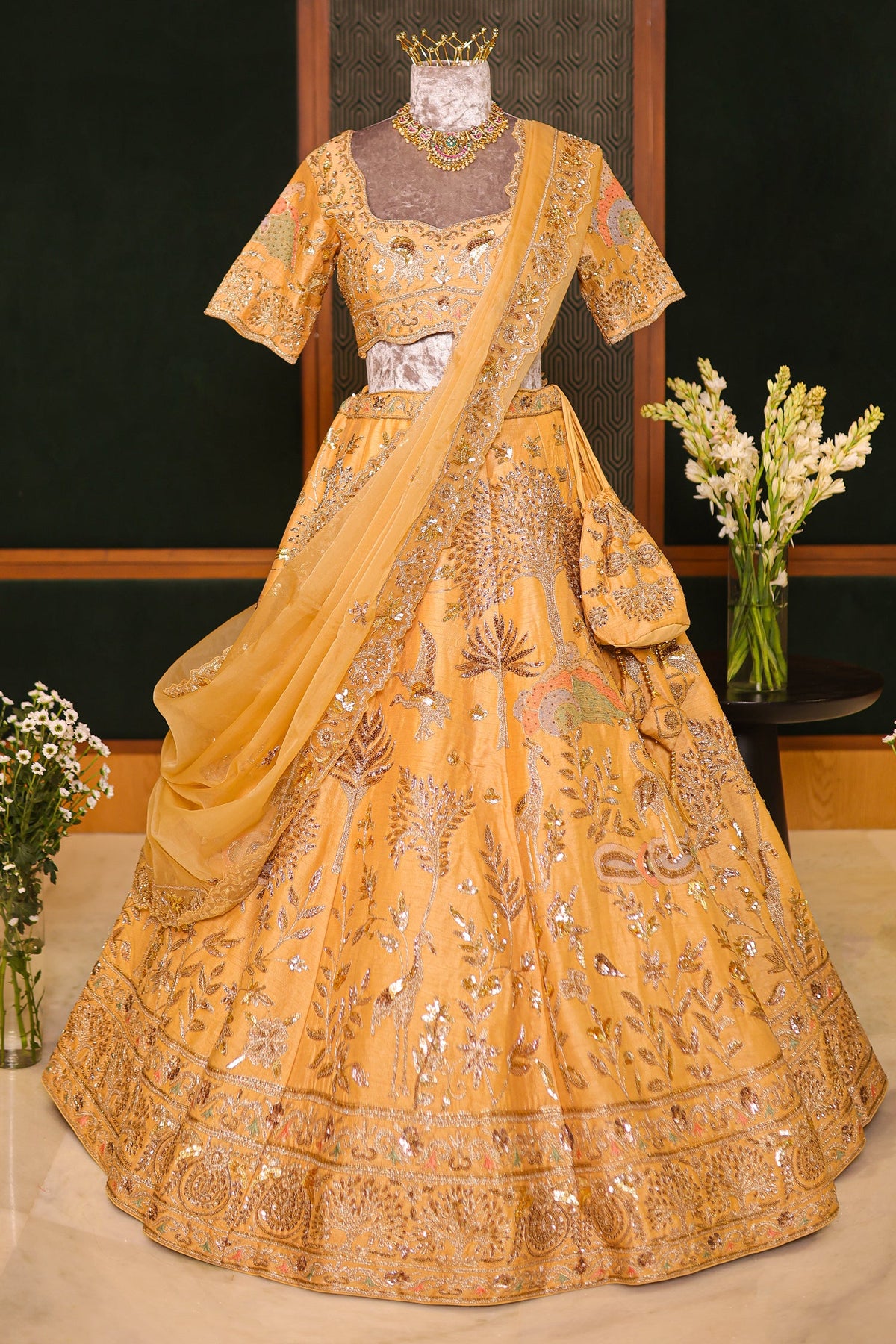 Golden Embellished Silk Sequin and Embroidered Work Lehenga
