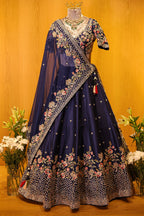 Blue Silk Embellished Floral Embroidered and Cutdana Beaded Work Lehenga