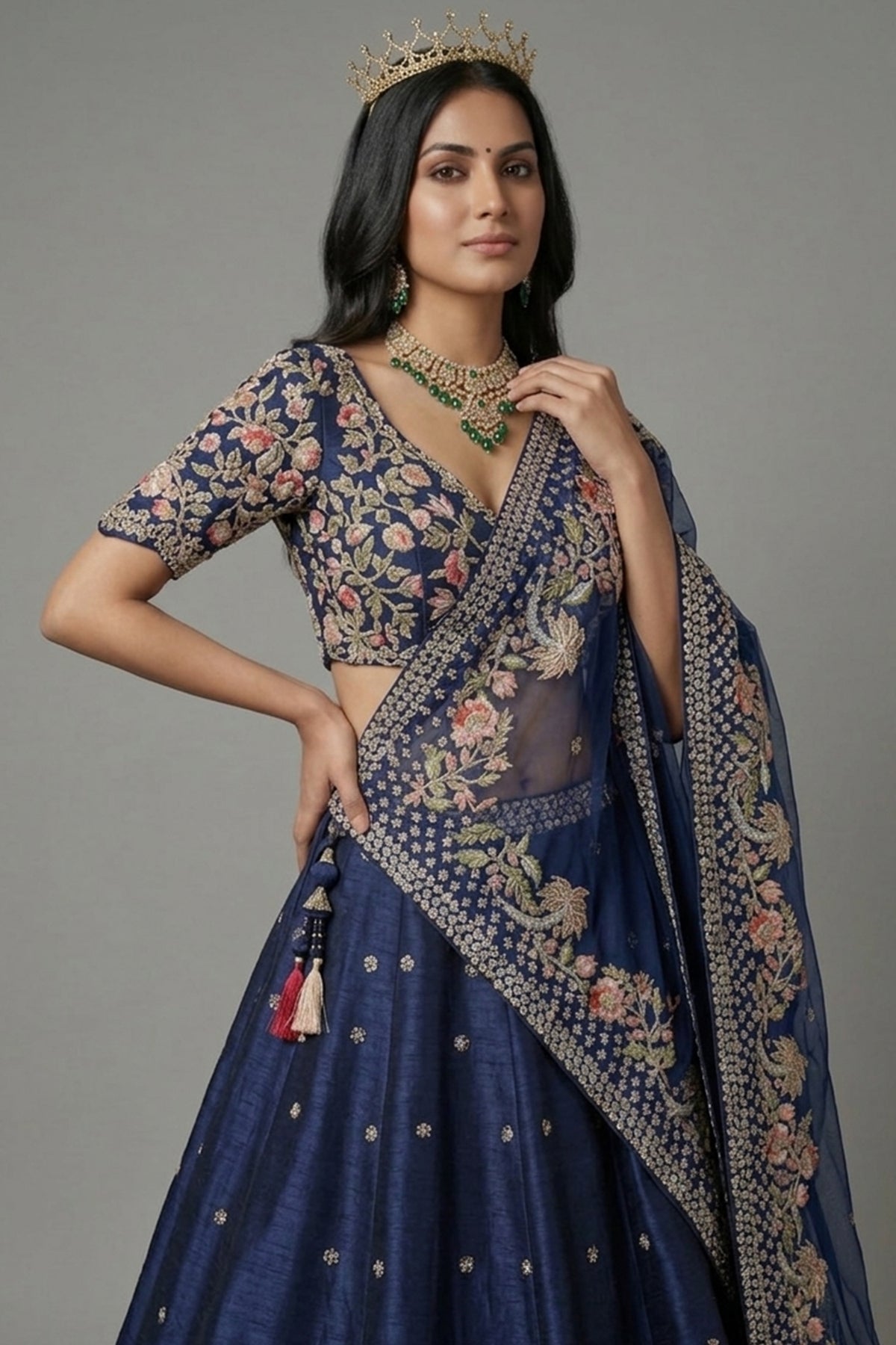 Blue Silk Embellished Floral Embroidered and Cutdana Beaded Work Lehenga