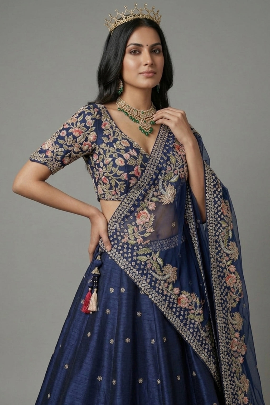 Blue Silk Embellished Floral Embroidered and Cutdana Beaded Work Lehenga