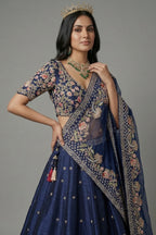 Blue Silk Embellished Floral Embroidered and Cutdana Beaded Work Lehenga