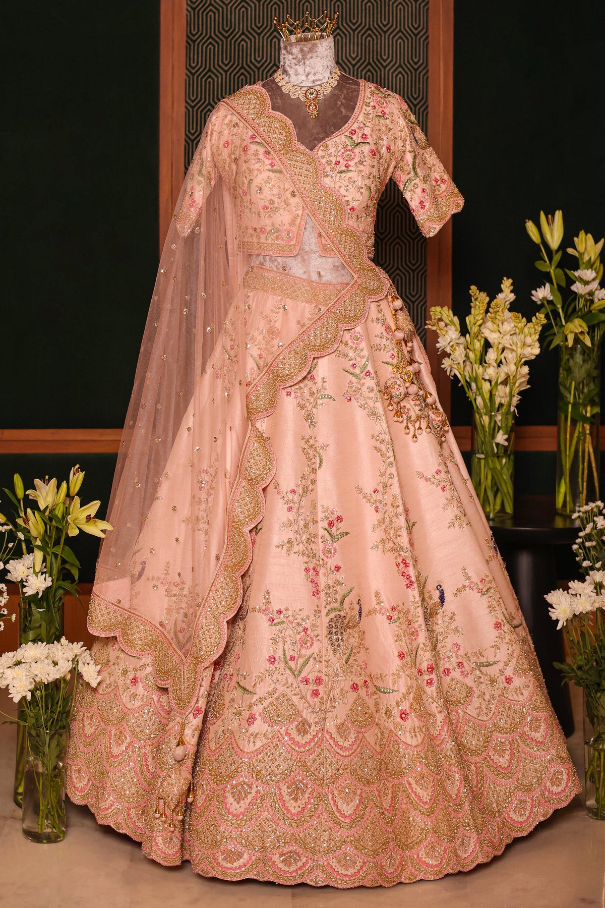 Light Pink Silk Peacock Motifs Zardosi and Sequin Worked Lehenga with Scalloped Border