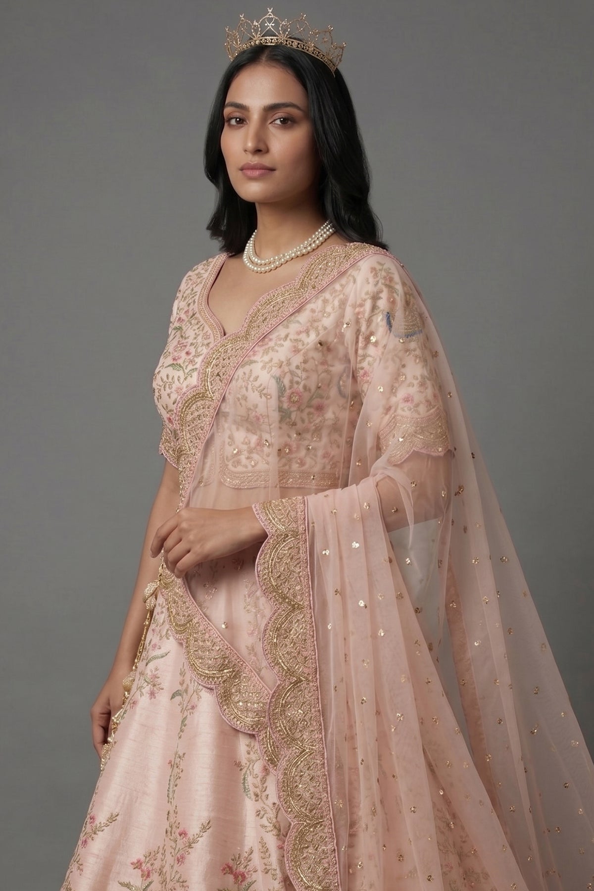 Light Pink Silk Peacock Motifs Zardosi and Sequin Worked Lehenga with Scalloped Border