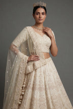Pearl White Raw Silk Embellished Beads and Cutdana Worked lehenga