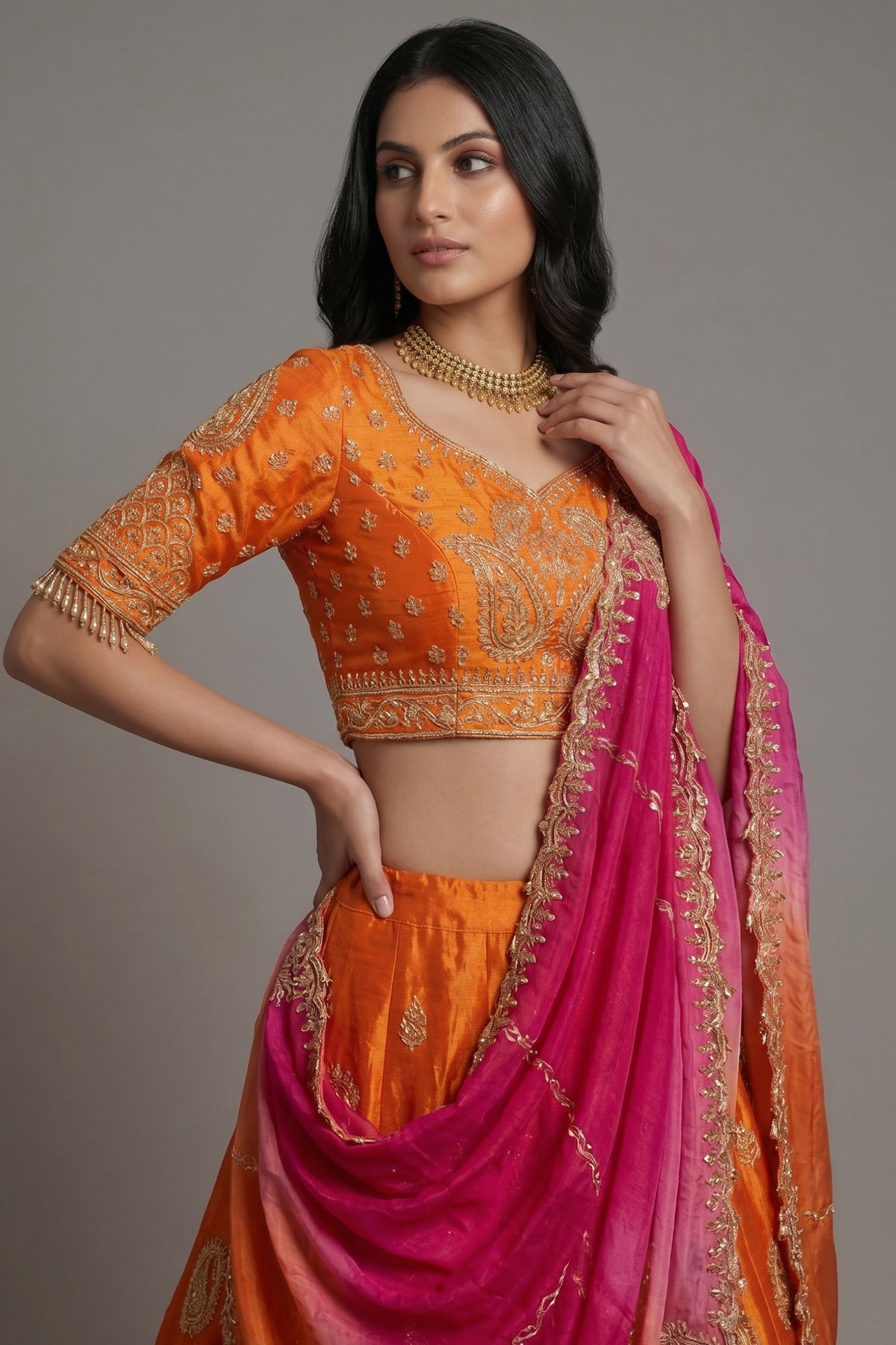 Rust Orange Tissue Zardosi and Sequins Worked Paisley Motif Lehenga