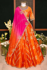 Rust Orange Tissue Zardosi and Sequins Worked Paisley Motif Lehenga
