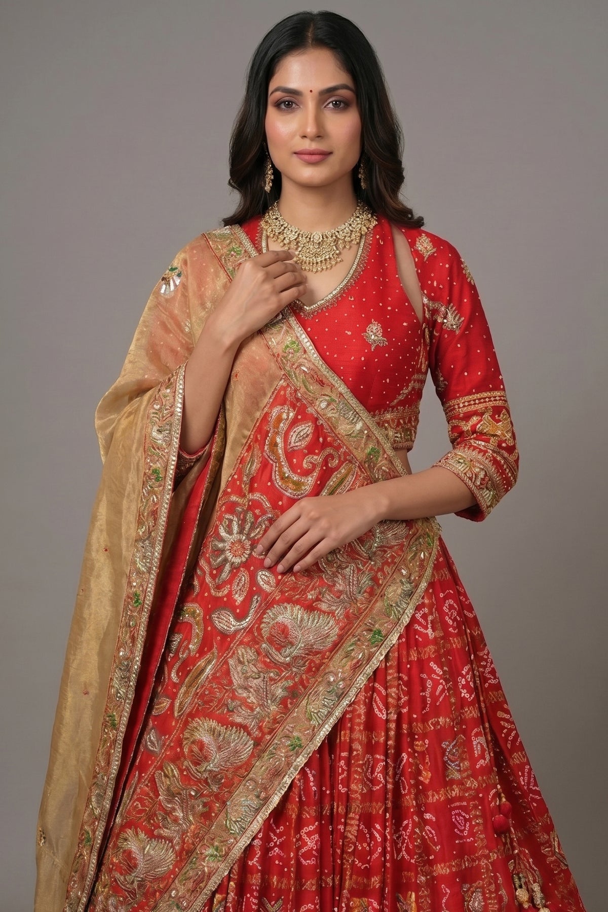 Red Gaji Silk Gharchola Lehenga with Applique and Embroidery Work Lehenga