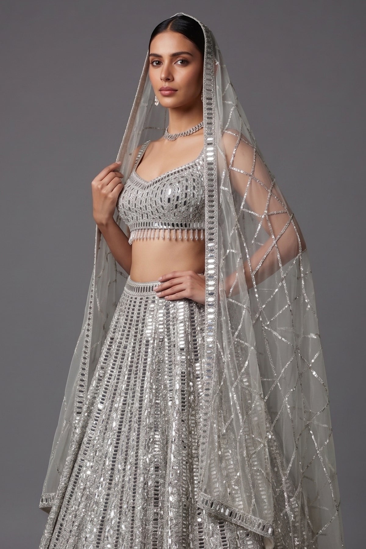 Silver Mirror Worked Embellished Lehenga