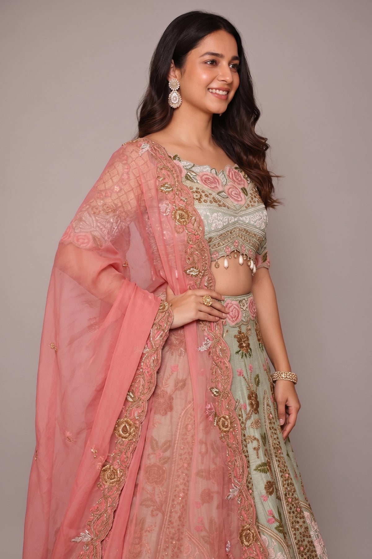 Pista Green Raw Silk Floral Resham Embroidered and Embellished Bead Work Lehenga