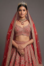 Red Tissue Designer Zardosi and Pearl Worked Lehenga