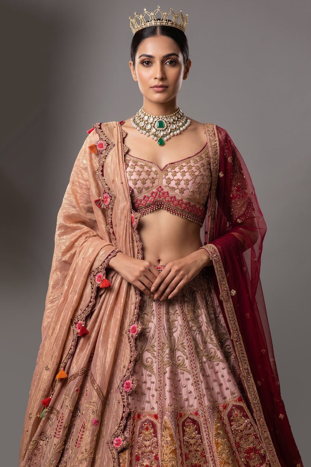 Dusty Pink Silk Zardosi and Velvet Patch Worked Lehenga with Double Dupatta