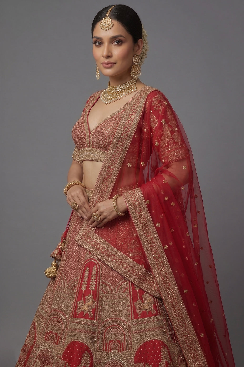 Red Matka Silk Designer Bridal Lehenga with Double Dupatta