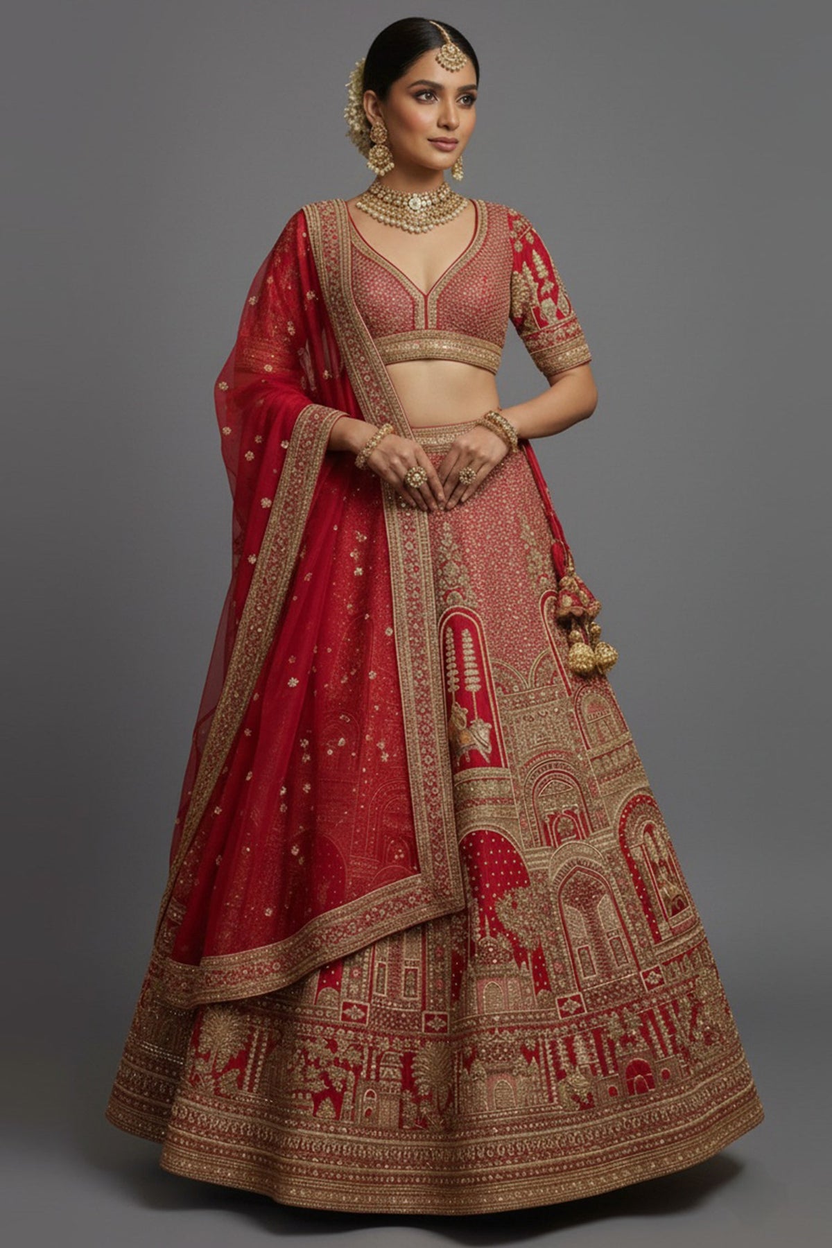 Red Matka Silk Designer Bridal Lehenga with Double Dupatta
