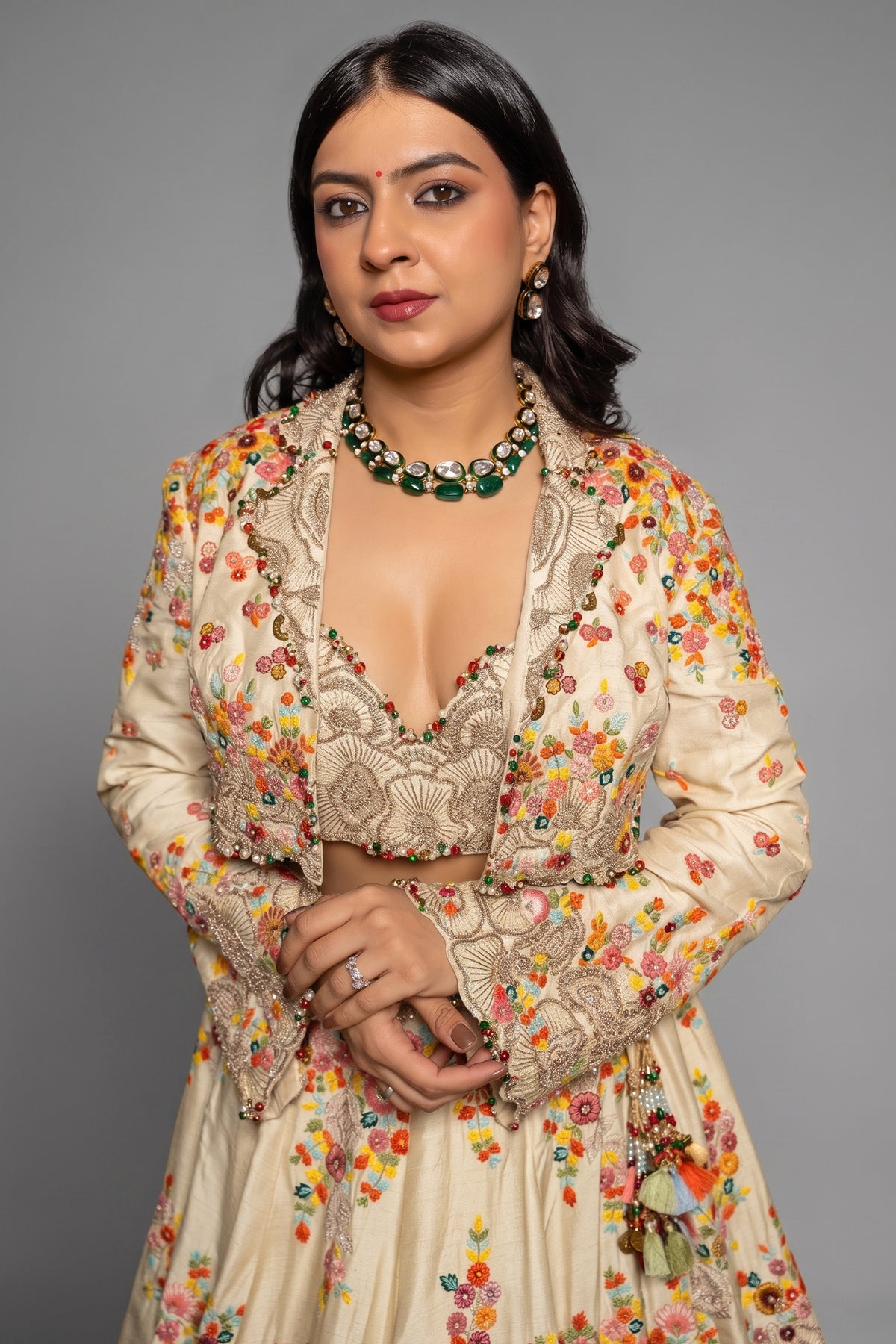 Ivory Cream Raw Silk Floral Embroidered Designer Lehenga with Jacket
