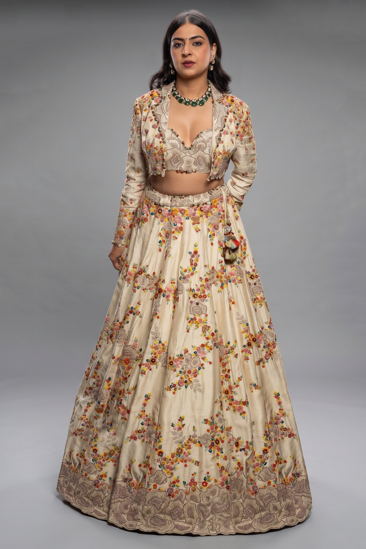 Ivory Cream Raw Silk Floral Embroidered Designer Lehenga with Jacket