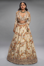 Ivory Cream Raw Silk Floral Embroidered Designer Lehenga with Jacket