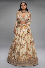 Ivory Cream Raw Silk Floral Embroidered Designer Lehenga with Jacket