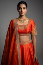 Orange Matka Silk Sequins and Zardosi Worked Border Lehenga
