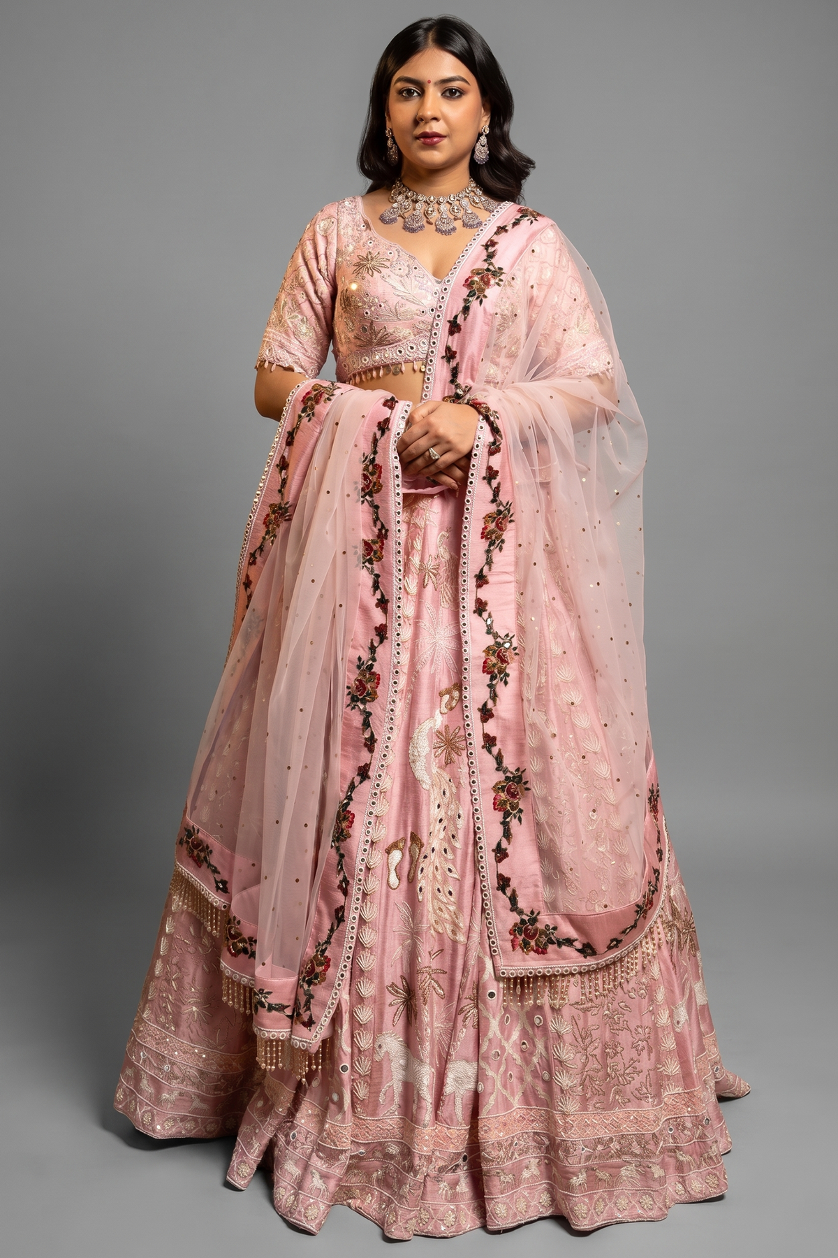 Light Pink Silk Designer Beaded Worked Lehenga