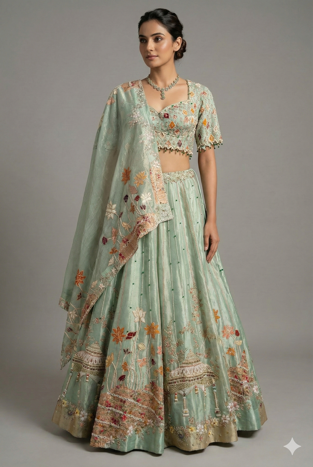 Aqua Green Tissue Designer Bead and Multi Thread Floral Work Lehenga
