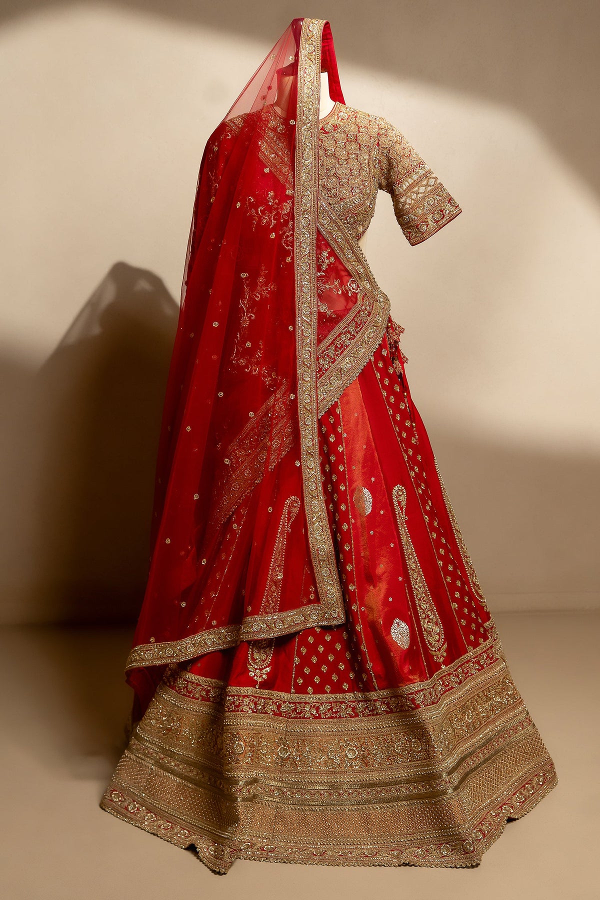 Maroon Raw Silk Tissue Paisley Motif Designer Bridal Lehenga with Double Dupatta