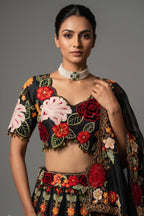 Black Raw Silk Floral Embroidered and Sequin Beaded Worked Lehenga