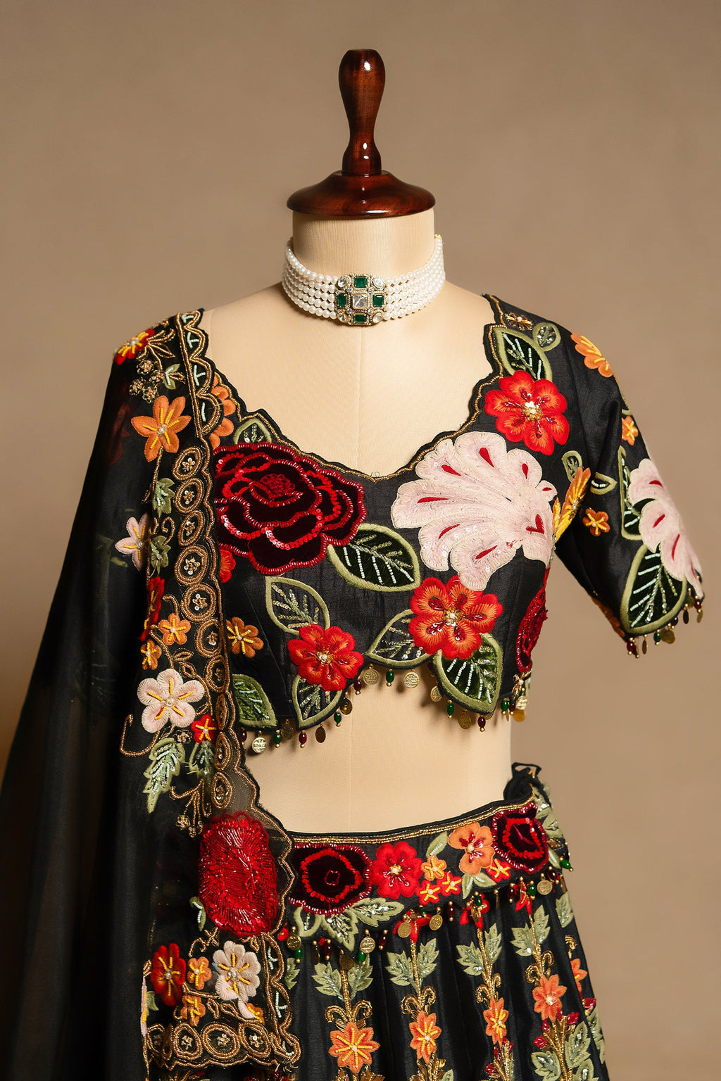 Black Raw Silk Floral Embroidered and Sequin Beaded Worked Lehenga