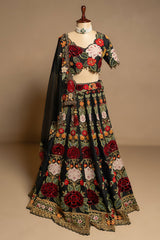 Black Raw Silk Floral Embroidered and Sequin Beaded Worked Lehenga