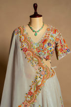 Light Grey Organza Floral Embroidered and Sequin Worked Lehenga