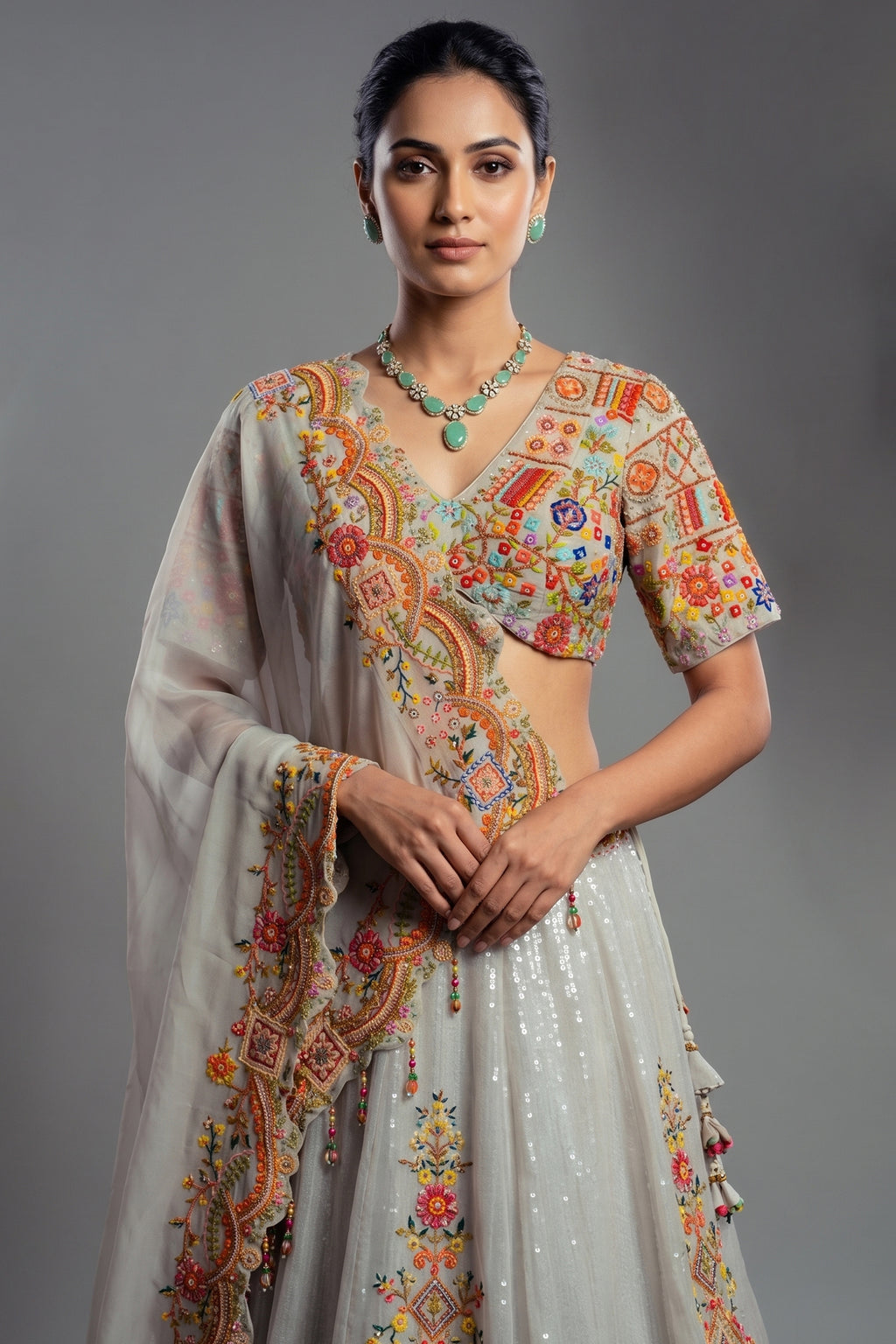Light Grey Organza Floral Embroidered and Sequin Worked Lehenga