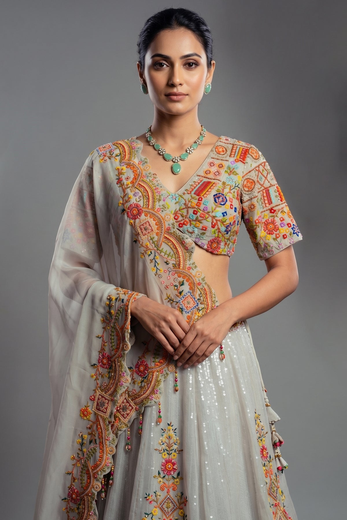 Light Grey Organza Floral Embroidered and Sequin Worked Lehenga