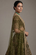 Olive Green Matka Silk Zardosi and Sequin Worked Lehenga with Double Dupatta